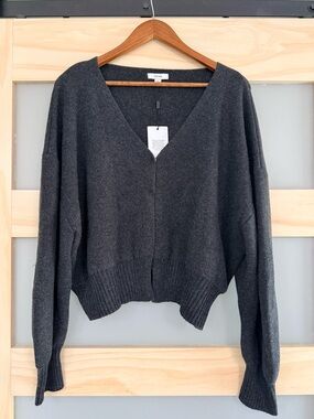 Reiss XL Charcoal Cashmere Wool Blend Cropped Cardigan Balloon Sleeve NWT